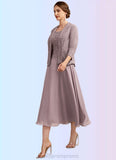 Mckayla A-Line Scoop Neck Tea-Length Chiffon Lace Mother of the Bride Dress STI126P0014633