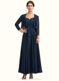 Emilia A-line V-Neck Ankle-Length Chiffon Lace Mother of the Bride Dress With Sequins STI126P0014637