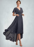 Kennedy A-Line V-neck Asymmetrical Chiffon Lace Mother of the Bride Dress With Ruffle STI126P0014638