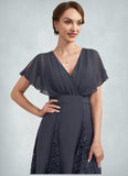 Kennedy A-Line V-neck Asymmetrical Chiffon Lace Mother of the Bride Dress With Ruffle STI126P0014638