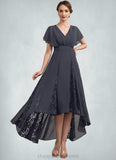 Kennedy A-Line V-neck Asymmetrical Chiffon Lace Mother of the Bride Dress With Ruffle STI126P0014638