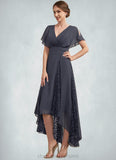 Kennedy A-Line V-neck Asymmetrical Chiffon Lace Mother of the Bride Dress With Ruffle STI126P0014638