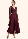 Sloane A-line V-Neck Asymmetrical Chiffon Lace Mother of the Bride Dress STI126P0014640