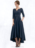 Kelsie A-Line V-neck Asymmetrical Satin Mother of the Bride Dress With Beading Sequins Pockets STI126P0014641