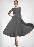 Kaydence A-Line Scoop Neck Tea-Length Chiffon Lace Mother of the Bride Dress With Sequins STI126P0014642