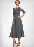 Kaydence A-Line Scoop Neck Tea-Length Chiffon Lace Mother of the Bride Dress With Sequins STI126P0014642