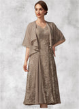 Maeve A-line V-Neck Tea-Length Chiffon Lace Mother of the Bride Dress STI126P0014644