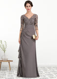 Giuliana A-line V-Neck Floor-Length Chiffon Lace Mother of the Bride Dress With Cascading Ruffles STI126P0014645