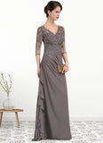 Giuliana A-line V-Neck Floor-Length Chiffon Lace Mother of the Bride Dress With Cascading Ruffles STI126P0014645