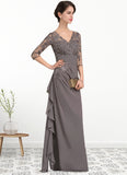 Giuliana A-line V-Neck Floor-Length Chiffon Lace Mother of the Bride Dress With Cascading Ruffles STI126P0014645