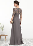 Giuliana A-line V-Neck Floor-Length Chiffon Lace Mother of the Bride Dress With Cascading Ruffles STI126P0014645