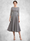 Britney A-Line Scoop Neck Tea-Length Chiffon Lace Mother of the Bride Dress STI126P0014648