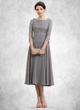 Britney A-Line Scoop Neck Tea-Length Chiffon Lace Mother of the Bride Dress STI126P0014648