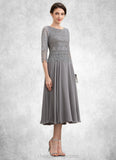 Britney A-Line Scoop Neck Tea-Length Chiffon Lace Mother of the Bride Dress STI126P0014648