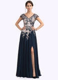 Virginia A-Line V-neck Floor-Length Chiffon Lace Mother of the Bride Dress With Split Front STI126P0014649