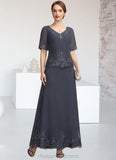 Alessandra A-Line V-neck Ankle-Length Chiffon Lace Mother of the Bride Dress With Sequins STI126P0014650