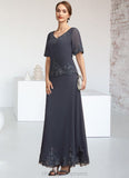 Alessandra A-Line V-neck Ankle-Length Chiffon Lace Mother of the Bride Dress With Sequins STI126P0014650