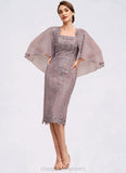 Gill Sheath/Column Square Neckline Knee-Length Chiffon Lace Mother of the Bride Dress With Sequins STI126P0014653