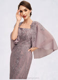 Gill Sheath/Column Square Neckline Knee-Length Chiffon Lace Mother of the Bride Dress With Sequins STI126P0014653