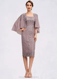 Gill Sheath/Column Square Neckline Knee-Length Chiffon Lace Mother of the Bride Dress With Sequins STI126P0014653