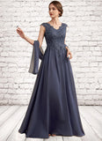 Savannah A-Line V-neck Floor-Length Chiffon Lace Mother of the Bride Dress With Beading Sequins STI126P0014657