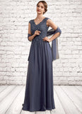 Savannah A-Line V-neck Floor-Length Chiffon Lace Mother of the Bride Dress With Beading Sequins STI126P0014657