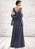 Savannah A-Line V-neck Floor-Length Chiffon Lace Mother of the Bride Dress With Beading Sequins STI126P0014657