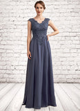 Savannah A-Line V-neck Floor-Length Chiffon Lace Mother of the Bride Dress With Beading Sequins STI126P0014657