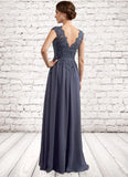 Savannah A-Line V-neck Floor-Length Chiffon Lace Mother of the Bride Dress With Beading Sequins STI126P0014657