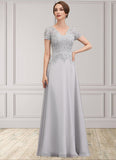 Nadine A-line V-Neck Floor-Length Chiffon Lace Mother of the Bride Dress With Sequins STI126P0014658