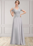 Nadine A-line V-Neck Floor-Length Chiffon Lace Mother of the Bride Dress With Sequins STI126P0014658