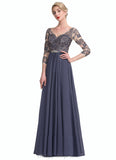 Aubrey A-Line V-neck Floor-Length Chiffon Lace Mother of the Bride Dress STI126P0014659