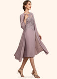 Ava Sheath/Column Scoop Neck Knee-Length Chiffon Lace Mother of the Bride Dress With Beading Sequins STI126P0014666