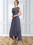 Serenity A-Line Scoop Neck Asymmetrical Chiffon Lace Mother of the Bride Dress With Sequins STI126P0014667