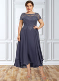 Serenity A-Line Scoop Neck Asymmetrical Chiffon Lace Mother of the Bride Dress With Sequins STI126P0014667