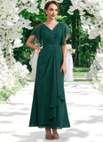 Mina A-Line V-neck Ankle-Length Chiffon Mother of the Bride Dress With Ruffle Beading Sequins STI126P0014672