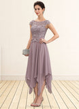 Melina A-Line Scoop Neck Ankle-Length Chiffon Lace Mother of the Bride Dress With Cascading Ruffles STI126P0014673