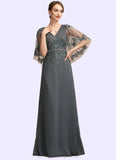 Prudence A-Line V-neck Floor-Length Chiffon Lace Mother of the Bride Dress With Beading Sequins STI126P0014674