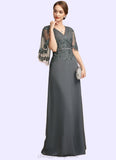 Prudence A-Line V-neck Floor-Length Chiffon Lace Mother of the Bride Dress With Beading Sequins STI126P0014674