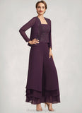 Riley Jumpsuit/Pantsuit Square Neckline Ankle-Length Chiffon Lace Mother of the Bride Dress With Sequins STI126P0014676