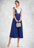 Jessica A-Line V-neck Tea-Length Chiffon Mother of the Bride Dress With Ruffle Lace STI126P0014677