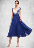 Jessica A-Line V-neck Tea-Length Chiffon Mother of the Bride Dress With Ruffle Lace STI126P0014677