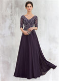 Bella A-Line V-neck Floor-Length Chiffon Lace Mother of the Bride Dress STI126P0014678