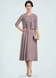 Tessa A-Line Scoop Neck Tea-Length Chiffon Mother of the Bride Dress With Ruffle STI126P0014679