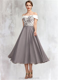 Kenna A-Line Off-the-Shoulder Tea-Length Chiffon Lace Mother of the Bride Dress STI126P0014680