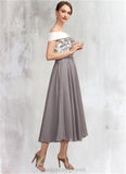 Kenna A-Line Off-the-Shoulder Tea-Length Chiffon Lace Mother of the Bride Dress STI126P0014680