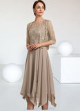 Kaylah A-Line Scoop Neck Tea-Length Chiffon Lace Mother of the Bride Dress With Bow(s) STI126P0014681