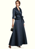 Adrienne A-Line V-neck Ankle-Length Satin Mother of the Bride Dress With Bow(s) STI126P0014683