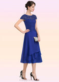 Lara A-Line Scoop Neck Tea-Length Chiffon Lace Mother of the Bride Dress STI126P0014685