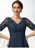 Leia A-line V-Neck Asymmetrical Chiffon Lace Mother of the Bride Dress With Sequins STI126P0014686